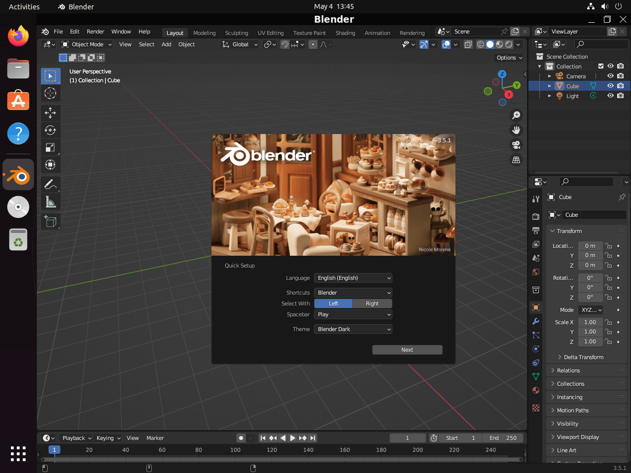 Default Blender 3D UI on Ubuntu Linux