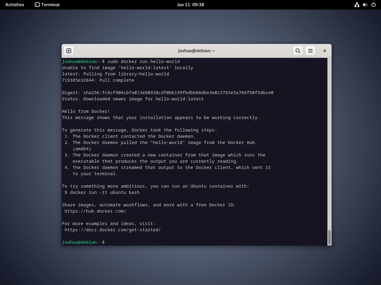 Output di Docker Hello World su Debian Linux