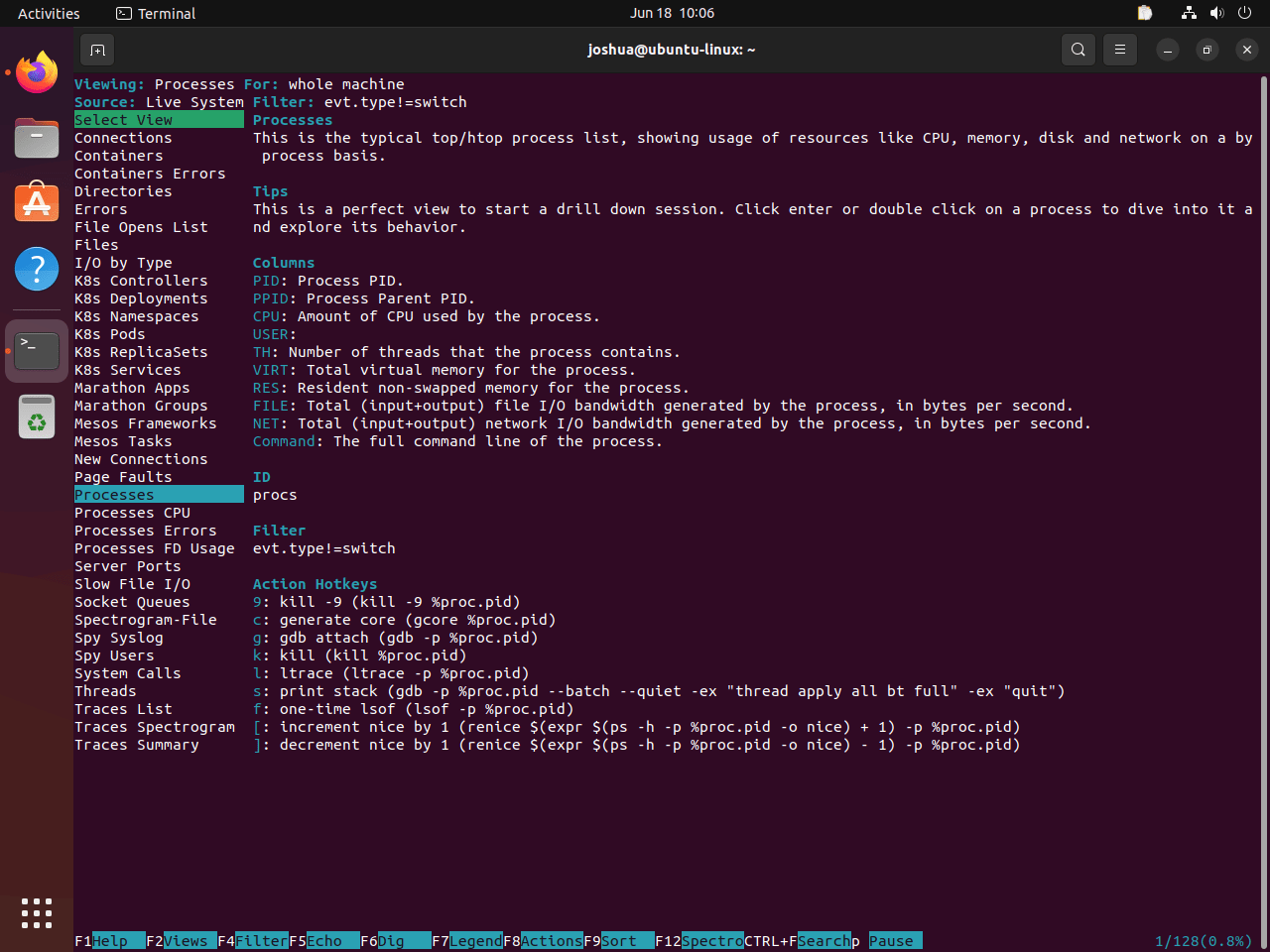 F2 menu list for Sysdig on Ubuntu Linux