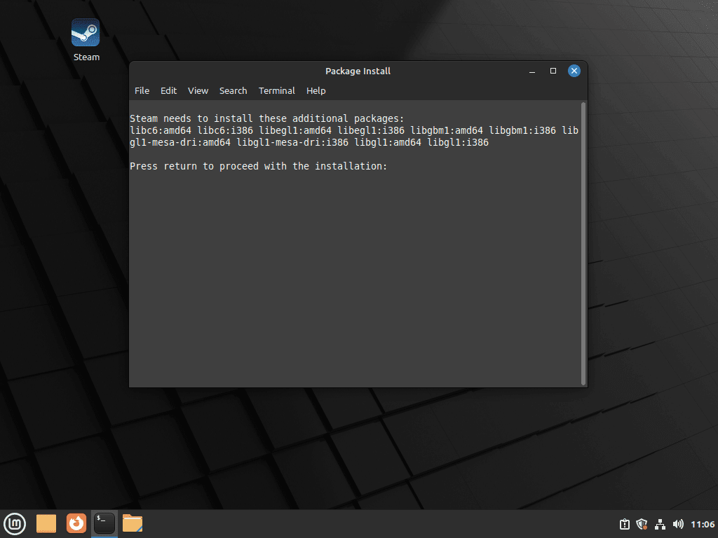First-time prompt to begin installing packages for Steam Client on Linux Mint