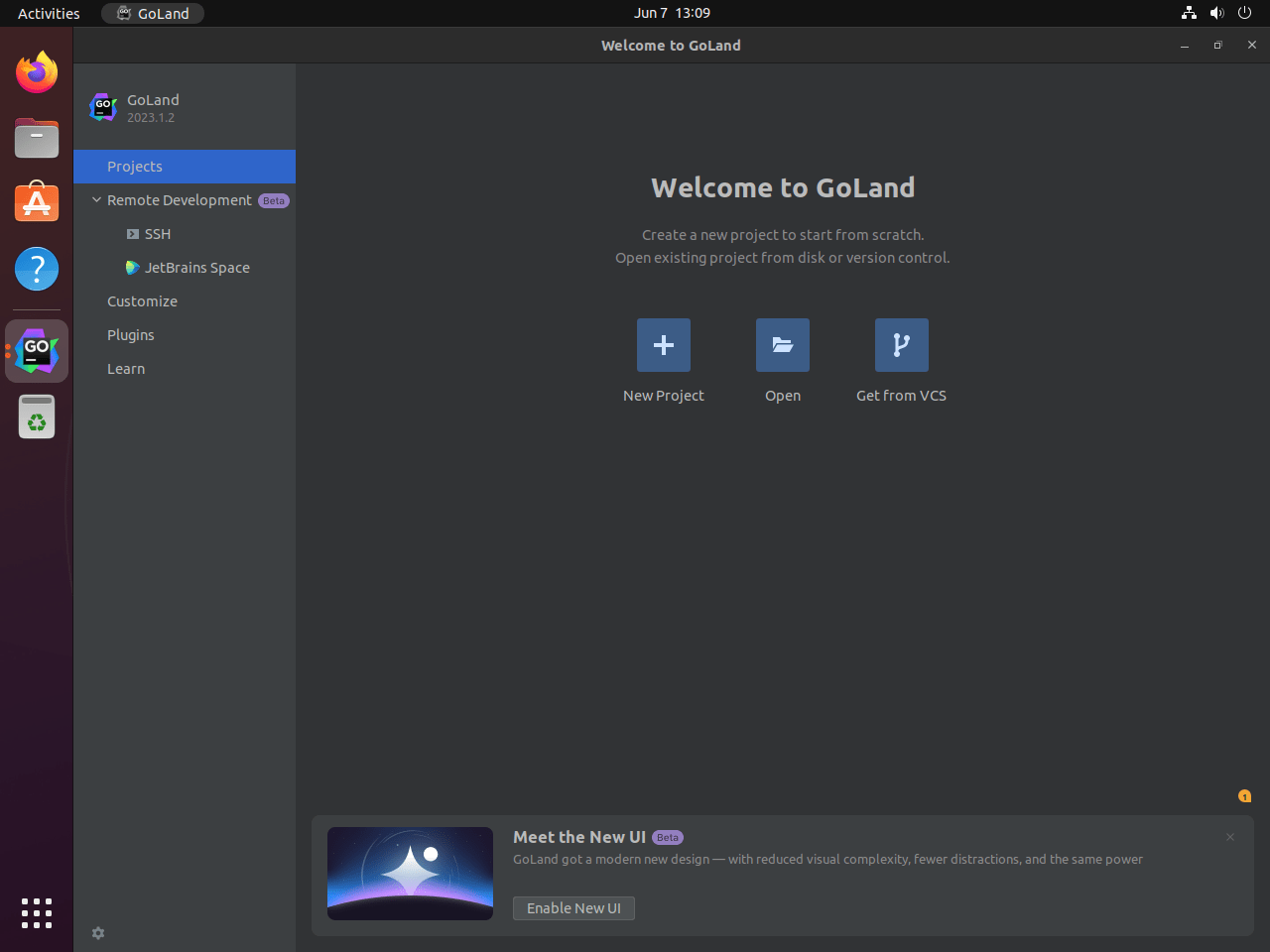 GoLand by JetBrains default UI on Ubuntu Linux