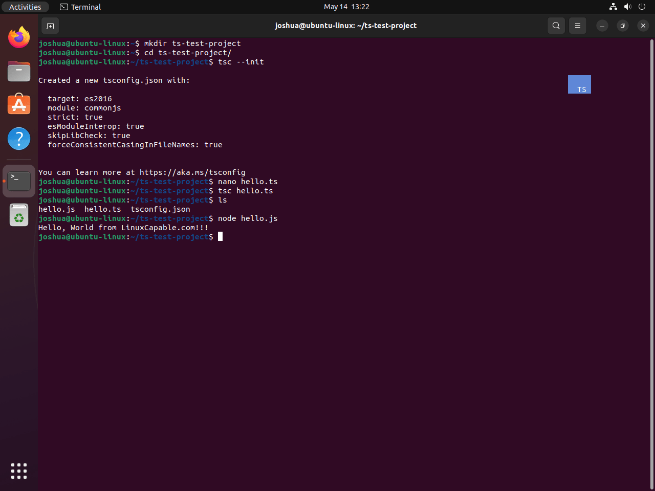 Hello World test with TypeScript on Ubuntu Linux