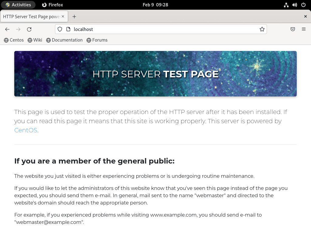 Página de teste do servidor HTTP no CentOS Stream para Apache