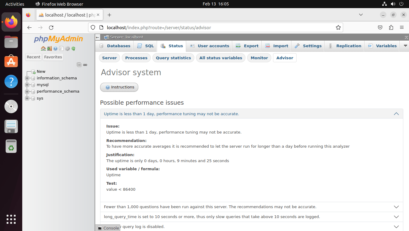 phpMyAdmin advisor system on Ubuntu