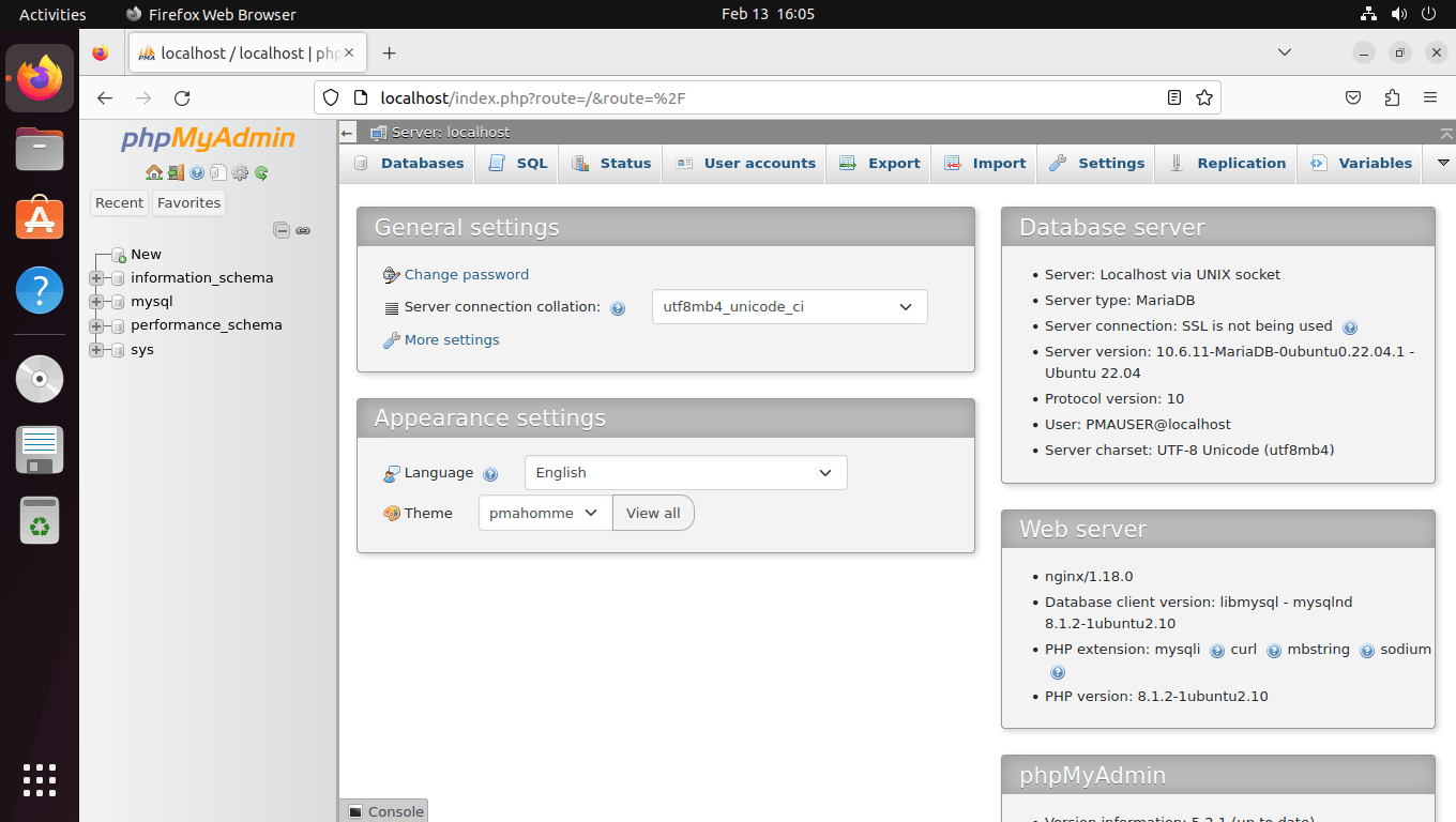 phpMyAdmin dashboard on Ubuntu