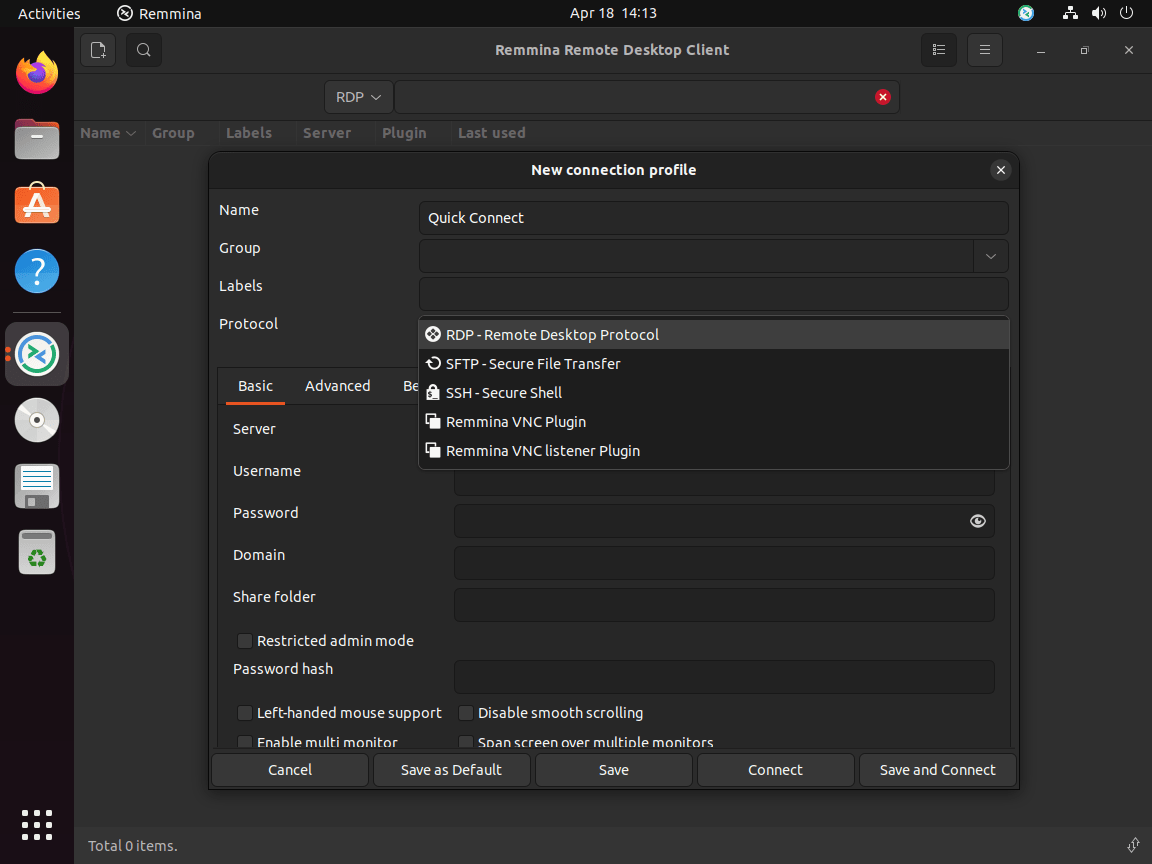 Remmina open on a Ubuntu desktop