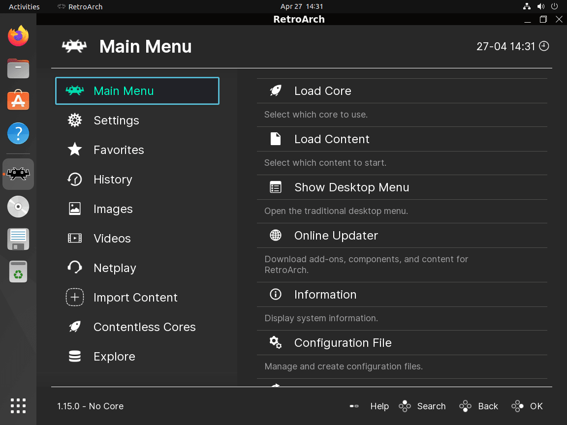 RetroArch launched and opened to default page on Ubuntu Linux