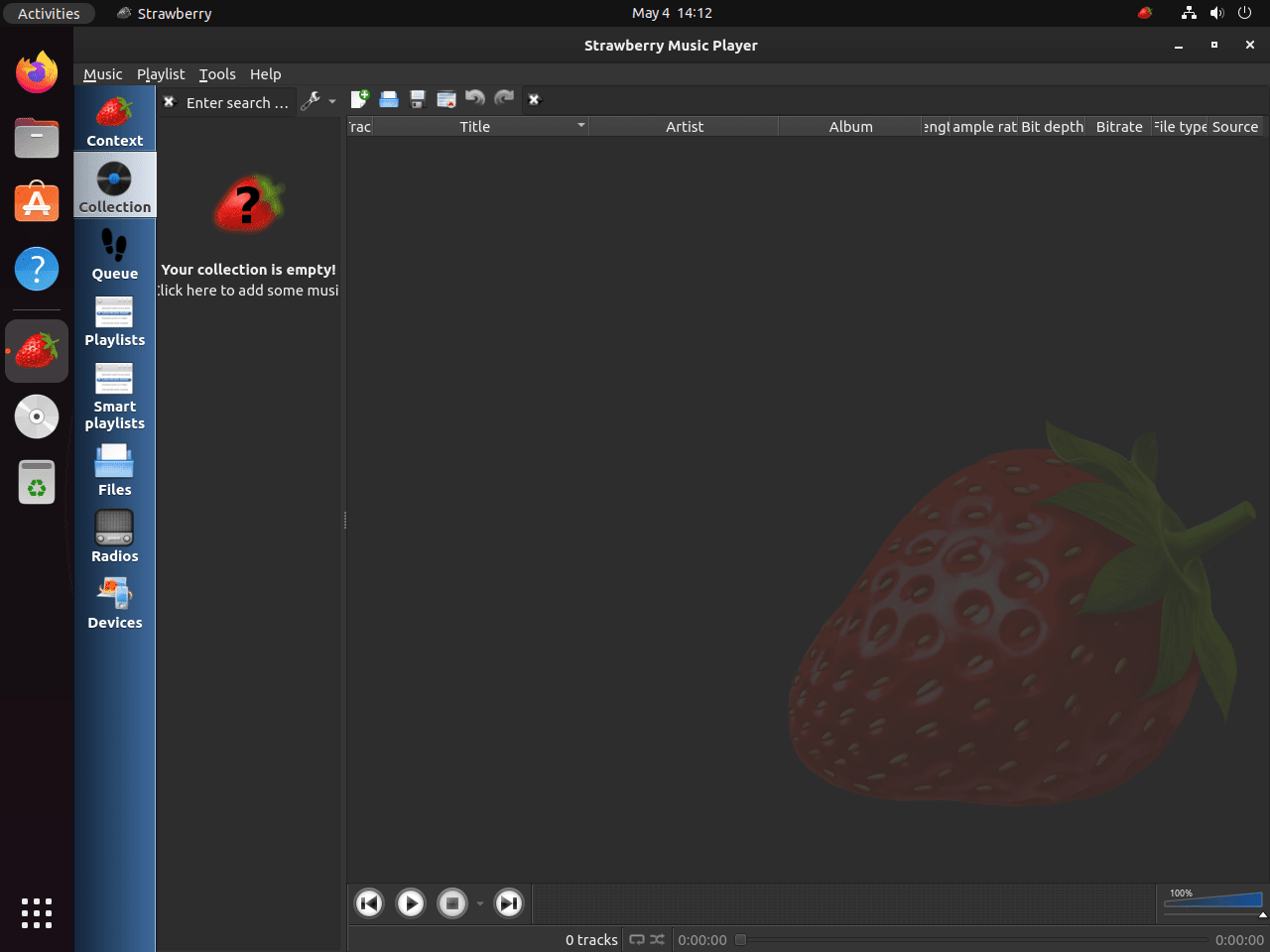 Interface utilisateur par défaut de Strawberry sur Ubuntu Linux