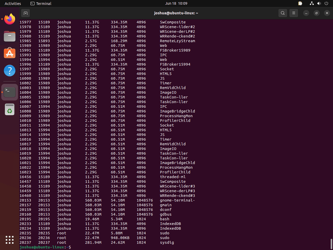 Sysdig output for system processes on Ubuntu Linux