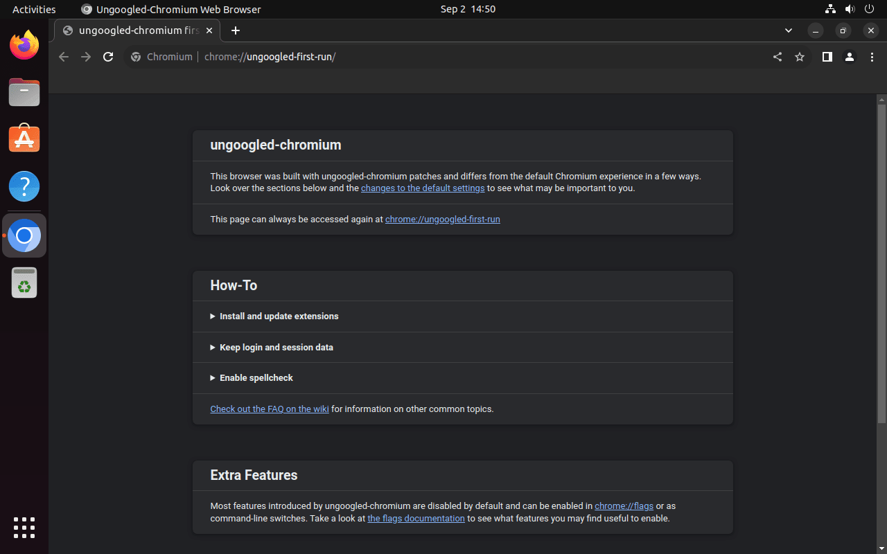 Ungoogled Chromium on first-time launch on Ubuntu