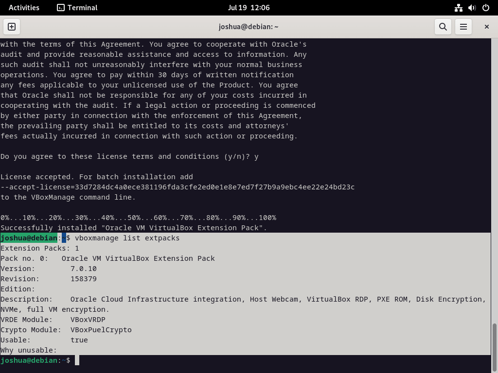 VirtualBox Extension Pack listed and installed with VirtualBox 7 on Debian Linux