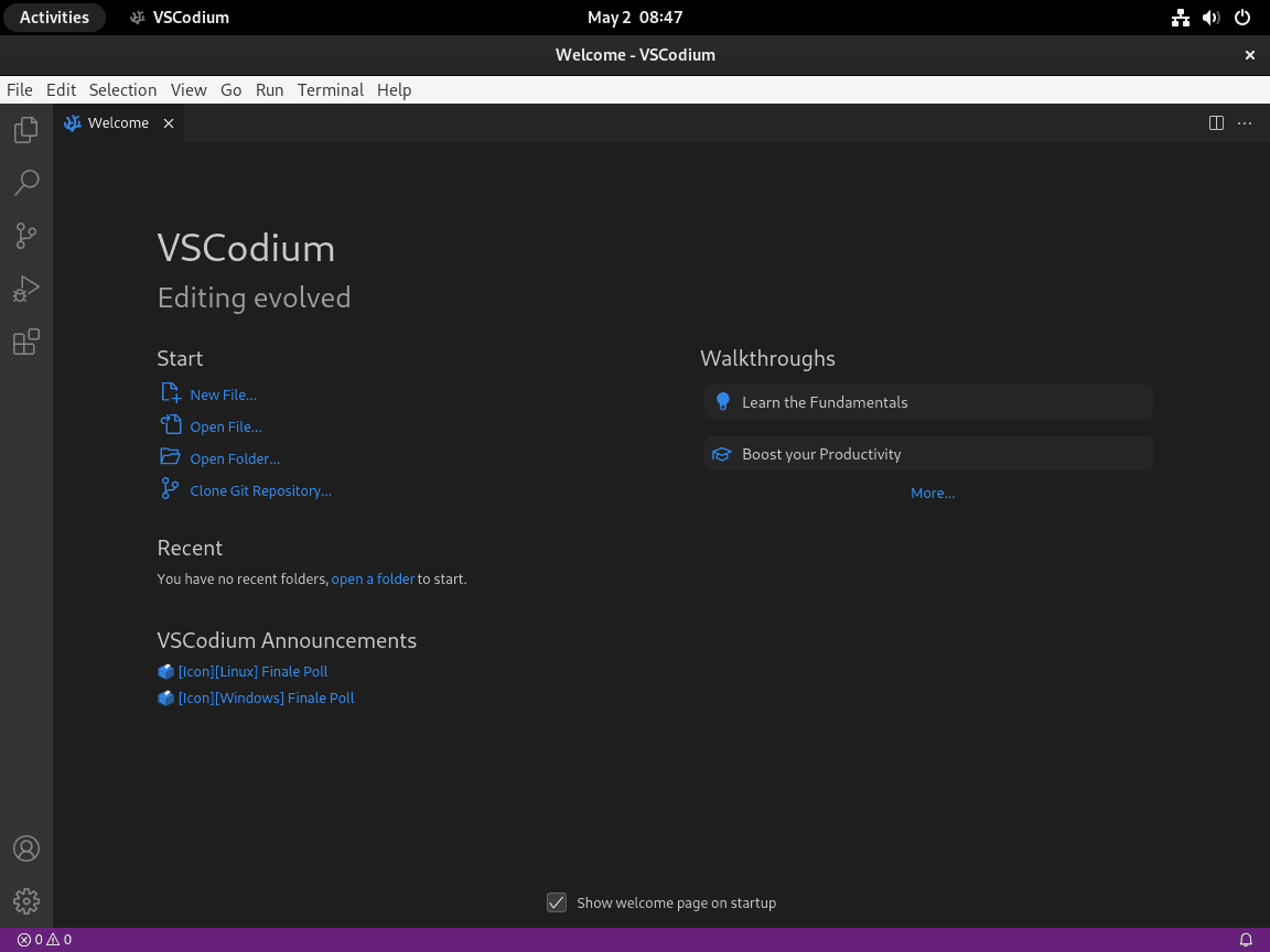 VSCodium default screen on Fedora Linux