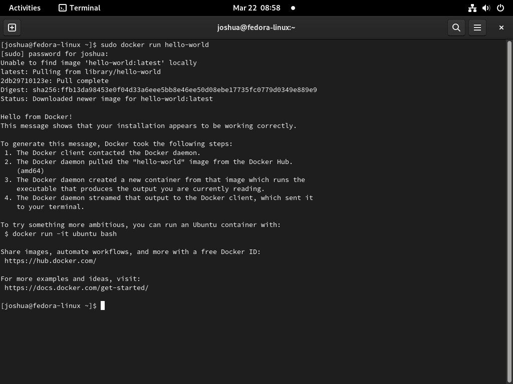 Sortie de la commande Docker Hello World sur Fedora Linux