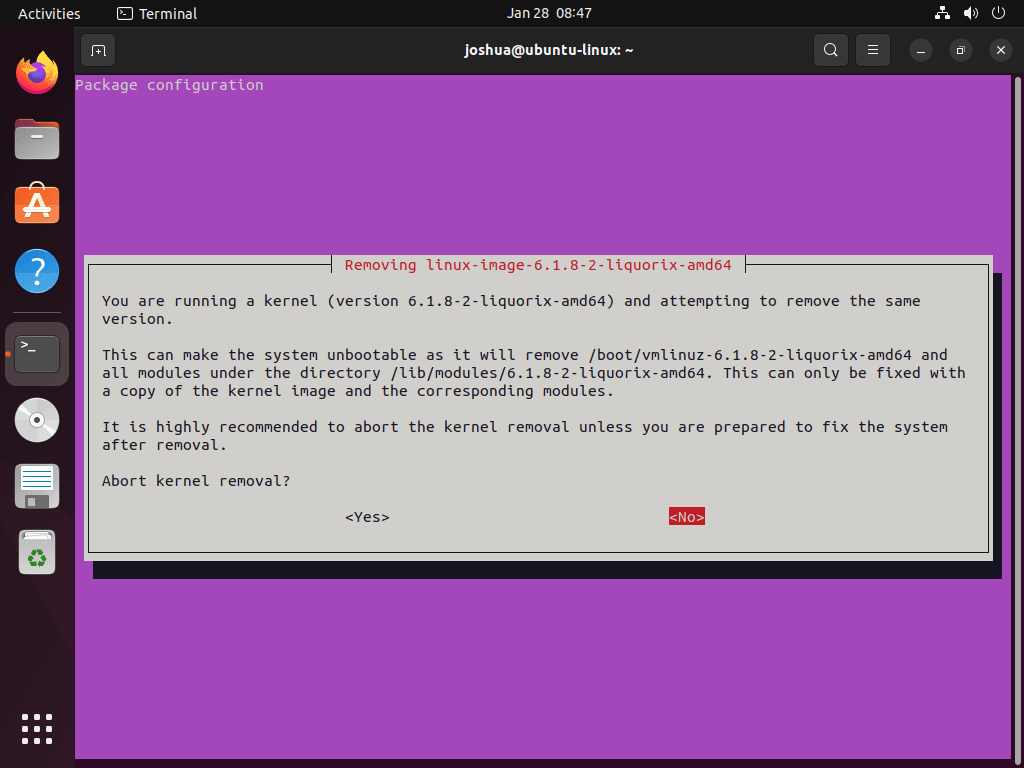 Prompt about removing Liquorix Kernel on Ubuntu Linux