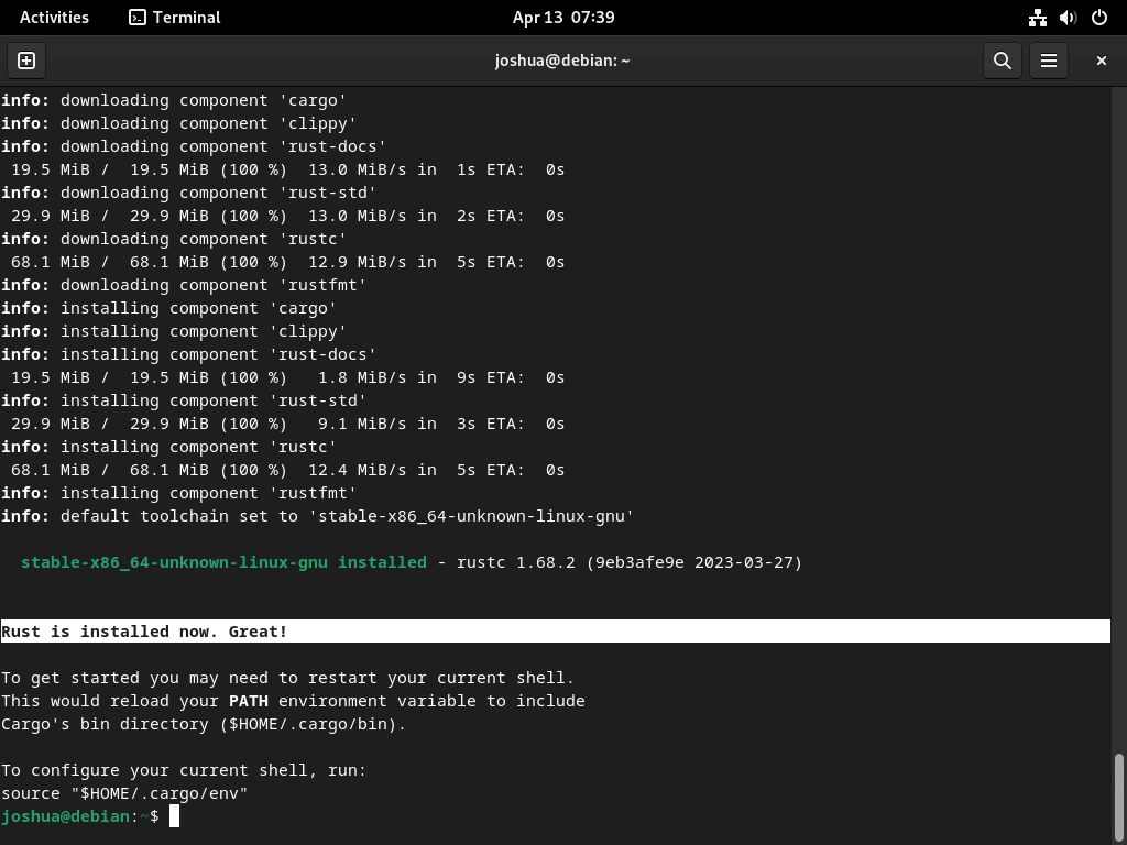 Rust installé dans la sortie du terminal sur Debian Linux