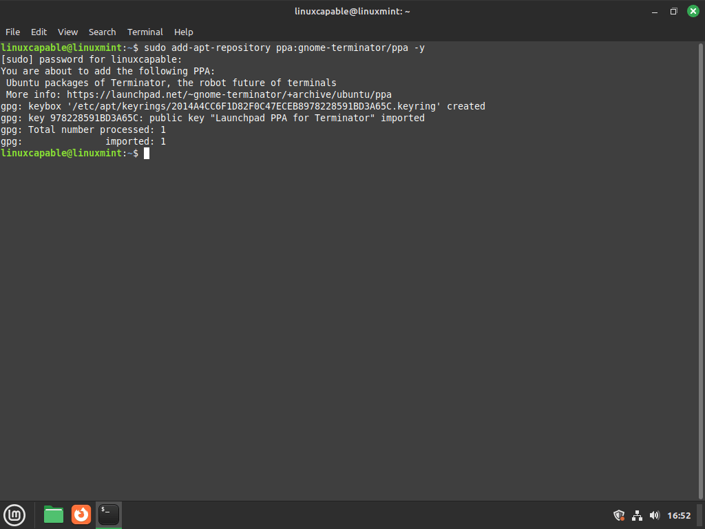 Ajout du PPA Terminator Launchpad à Linux Mint