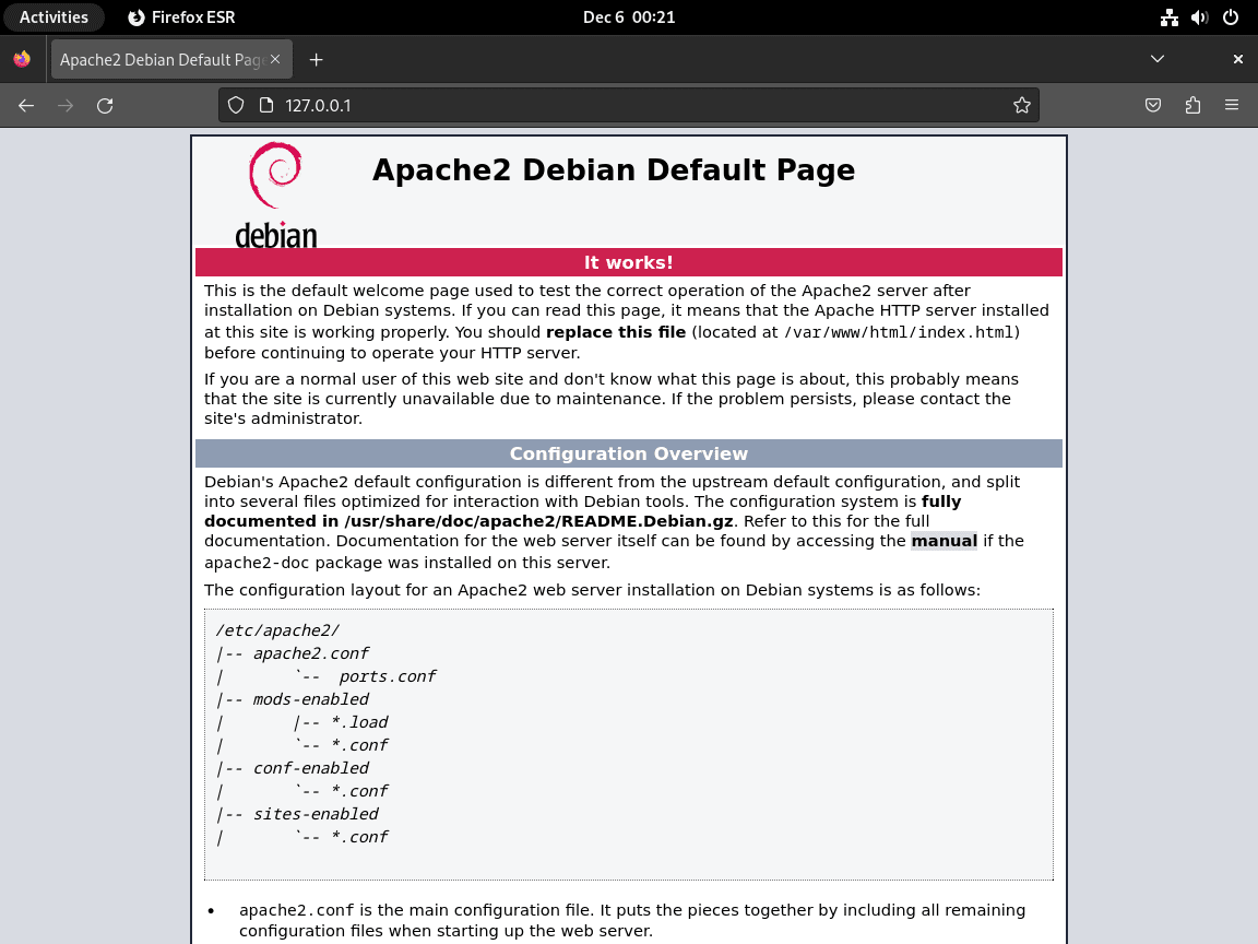 Page de test Apache2 OK sur Debian pour l'installation de WordPress LAMP