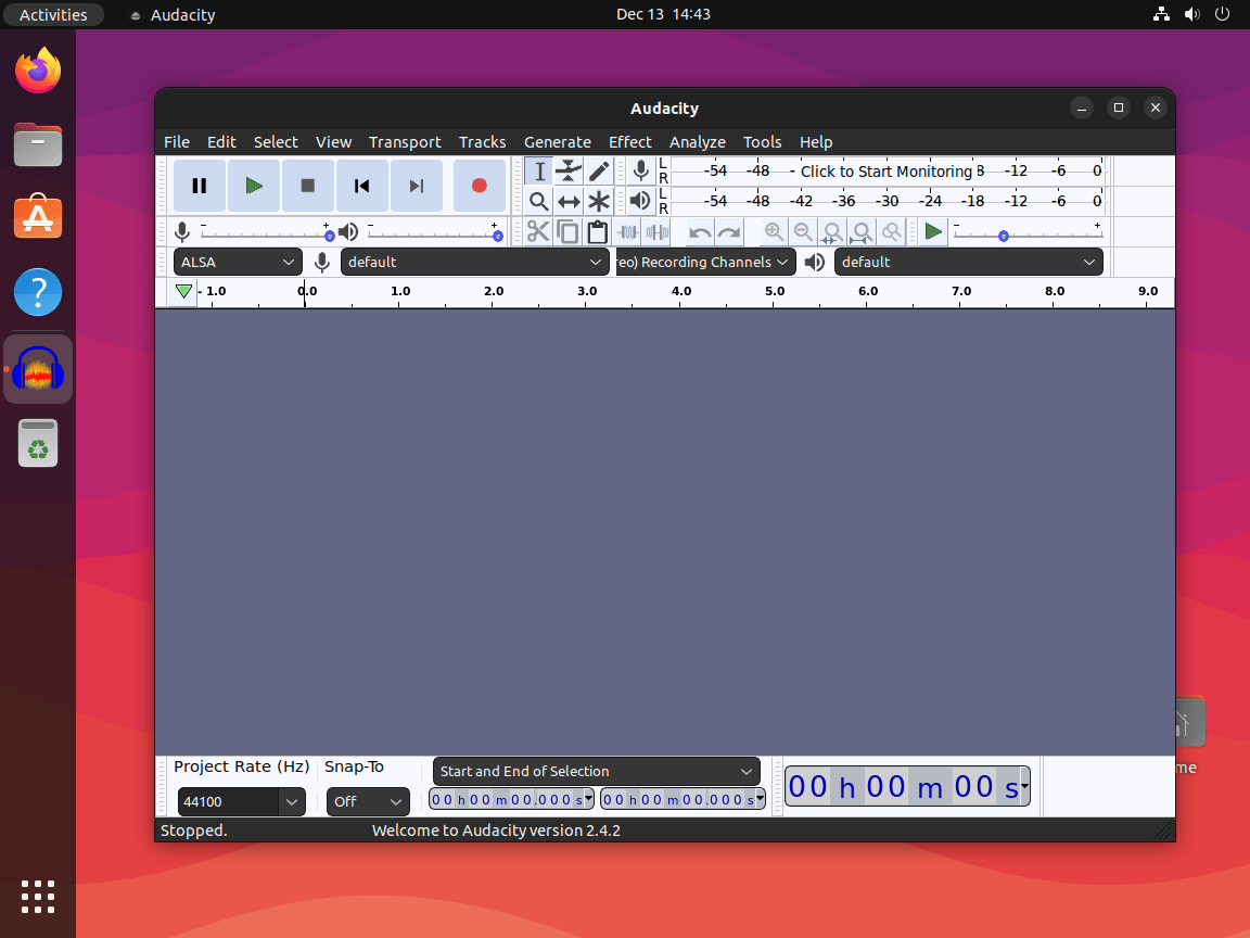 Audacity open and ready to use on Ubuntu Linux