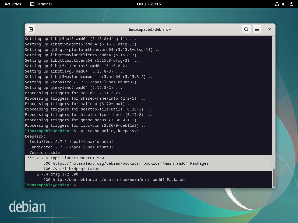 Debian Linux で apt-cache policy コマンドを使用して KeePassXC のバージョンを確認する