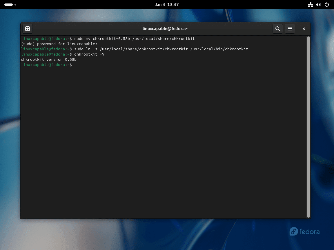 Saída da versão do Chkrootkit no Fedora Linux