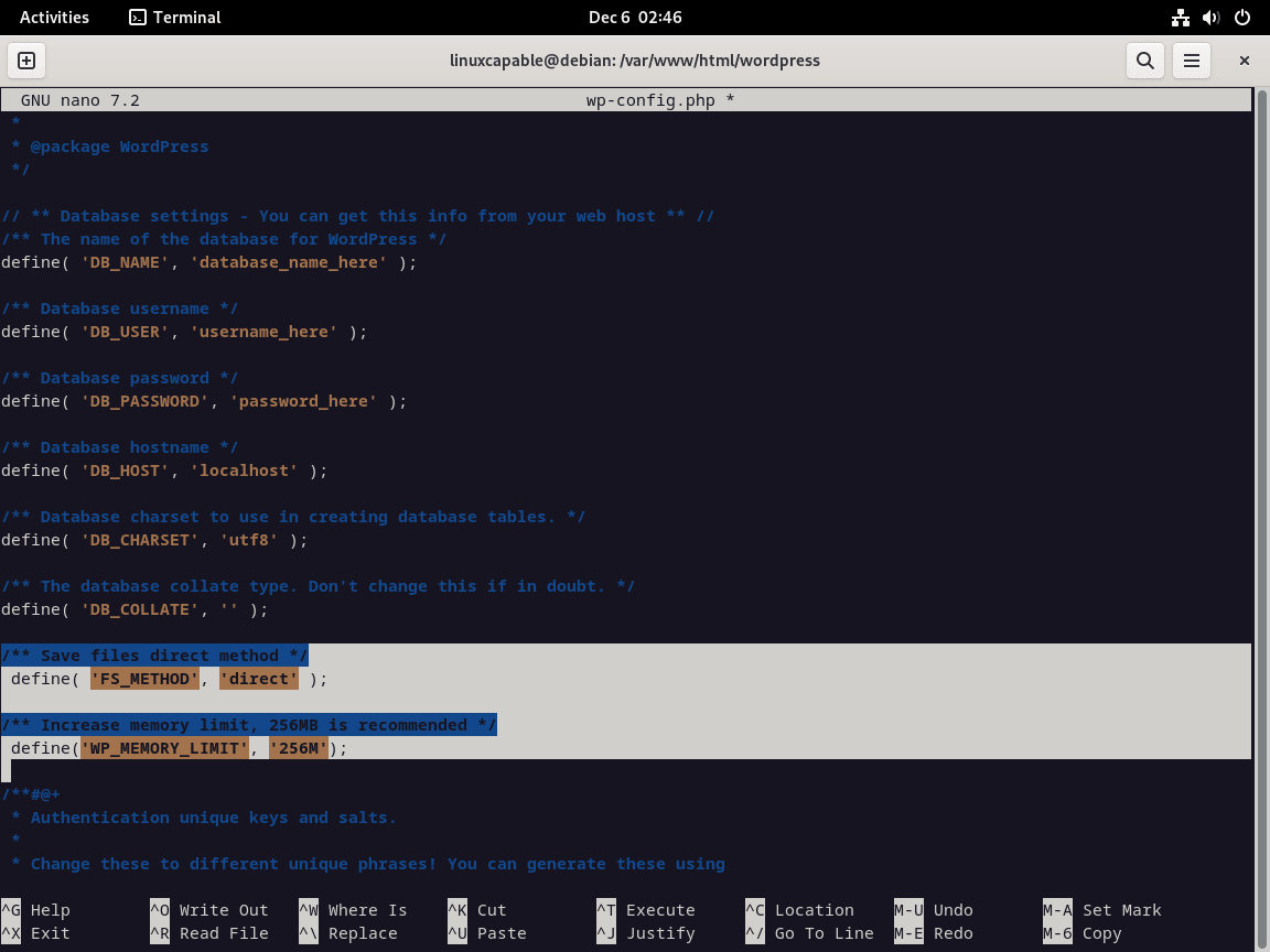 Configuration du fichier de paramètres WordPress sur Debian pour LAMP