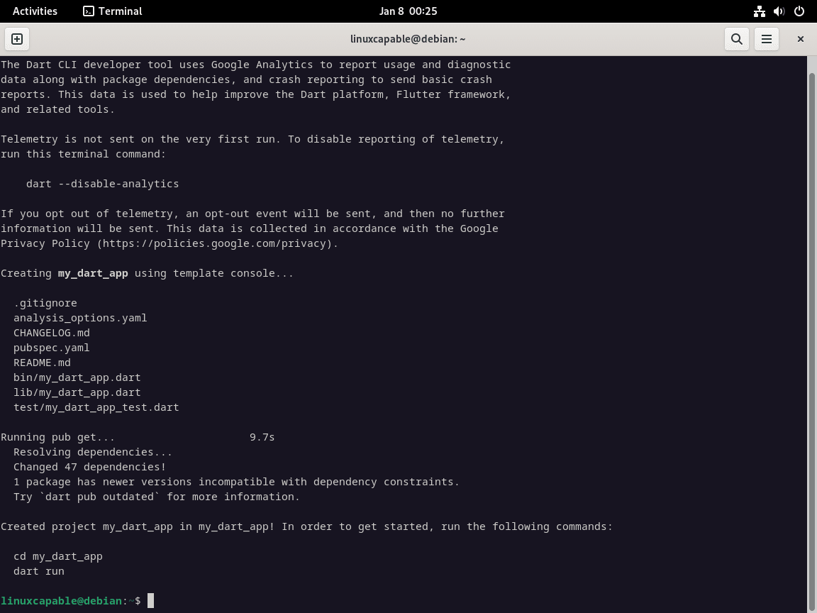 Creating a Dart app with Dart CLI commands on Debian Linux