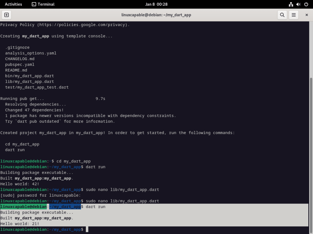 Dart hello world program modified to re-test on Debian Linux