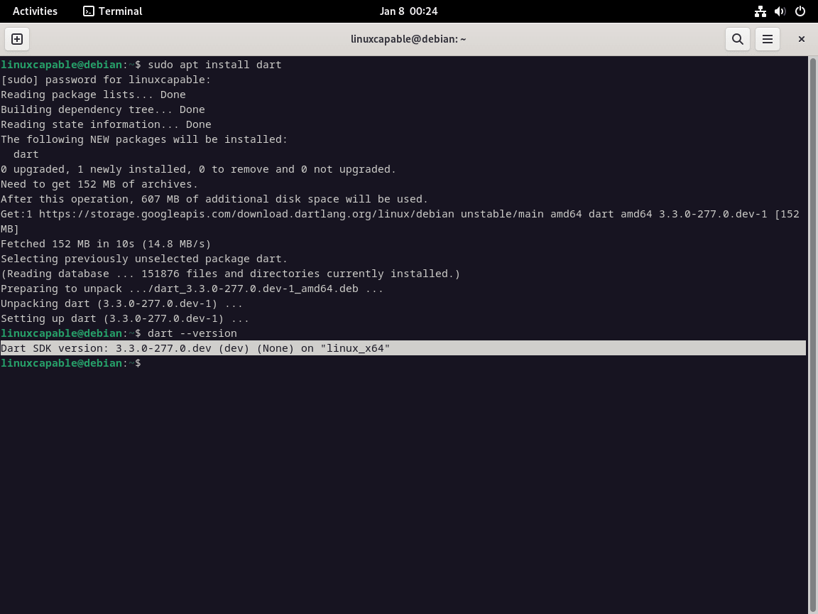 Dart terminal version output on Debian Linux