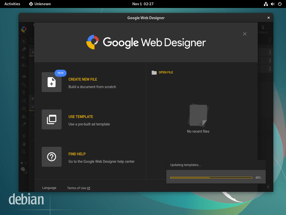 Google Web Designer installé sur Debian Linux