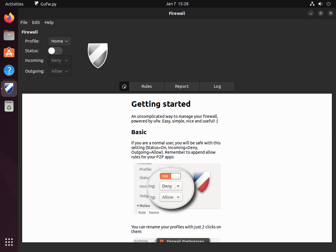 GUFW application open and ready to use on Ubuntu Linux