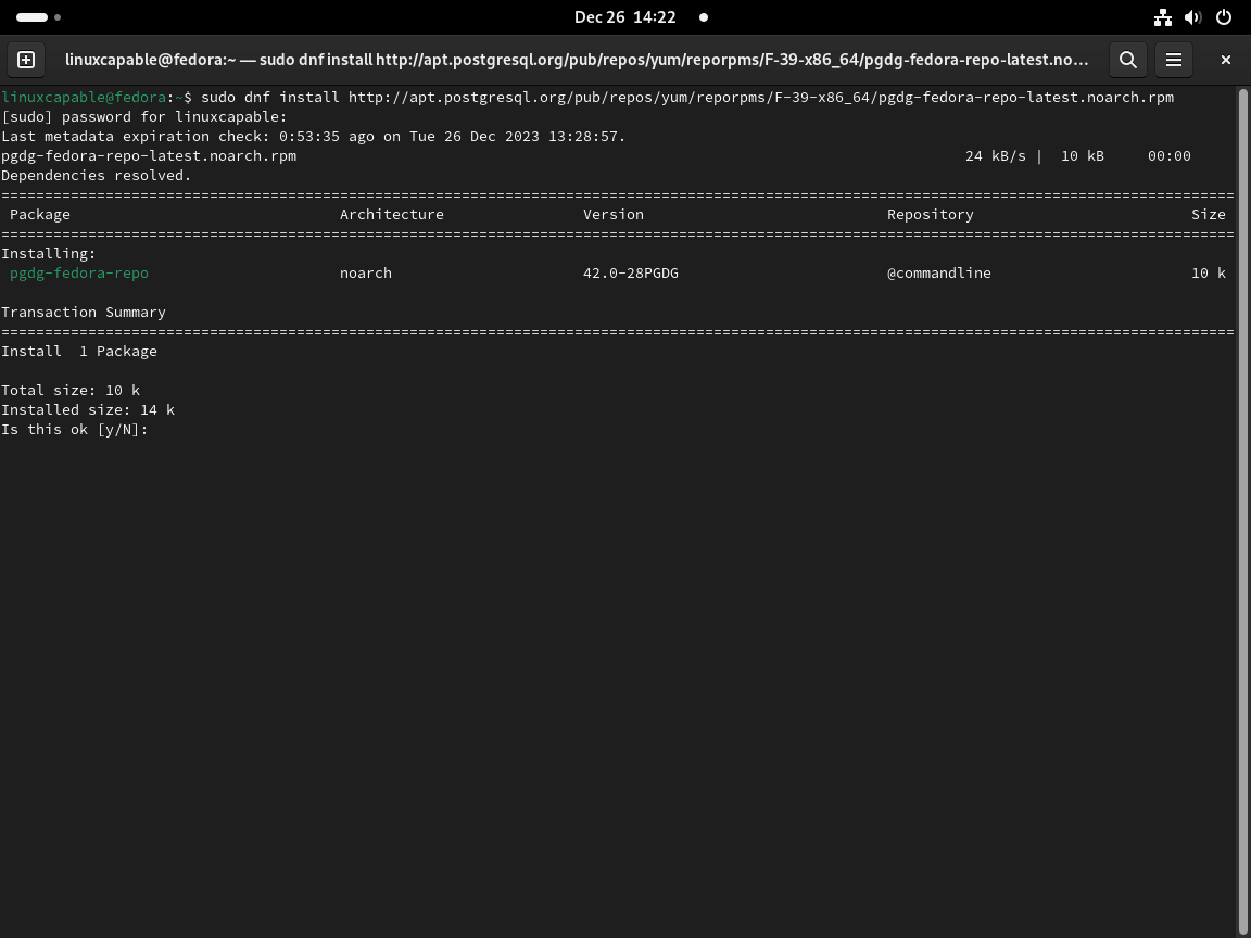 Importowanie PostgreSQL 14 RPM na Fedorze Linux przez terminal