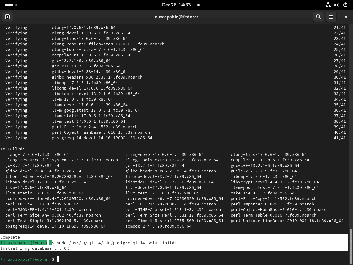 Inicializando la base de datos PostgreSQL 14 en Fedora Linux