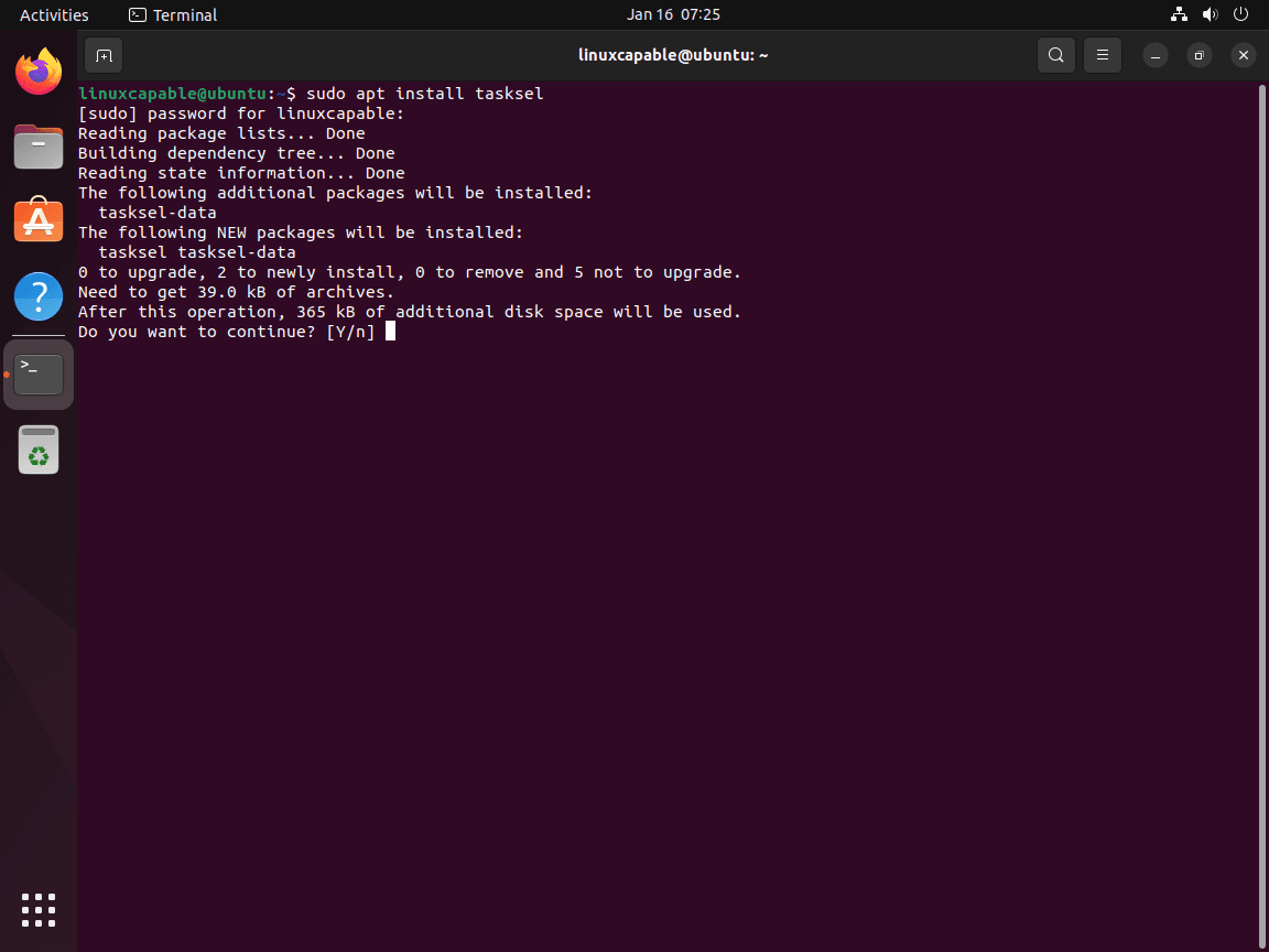 Installation prompt for Tasksel on Ubuntu Linux