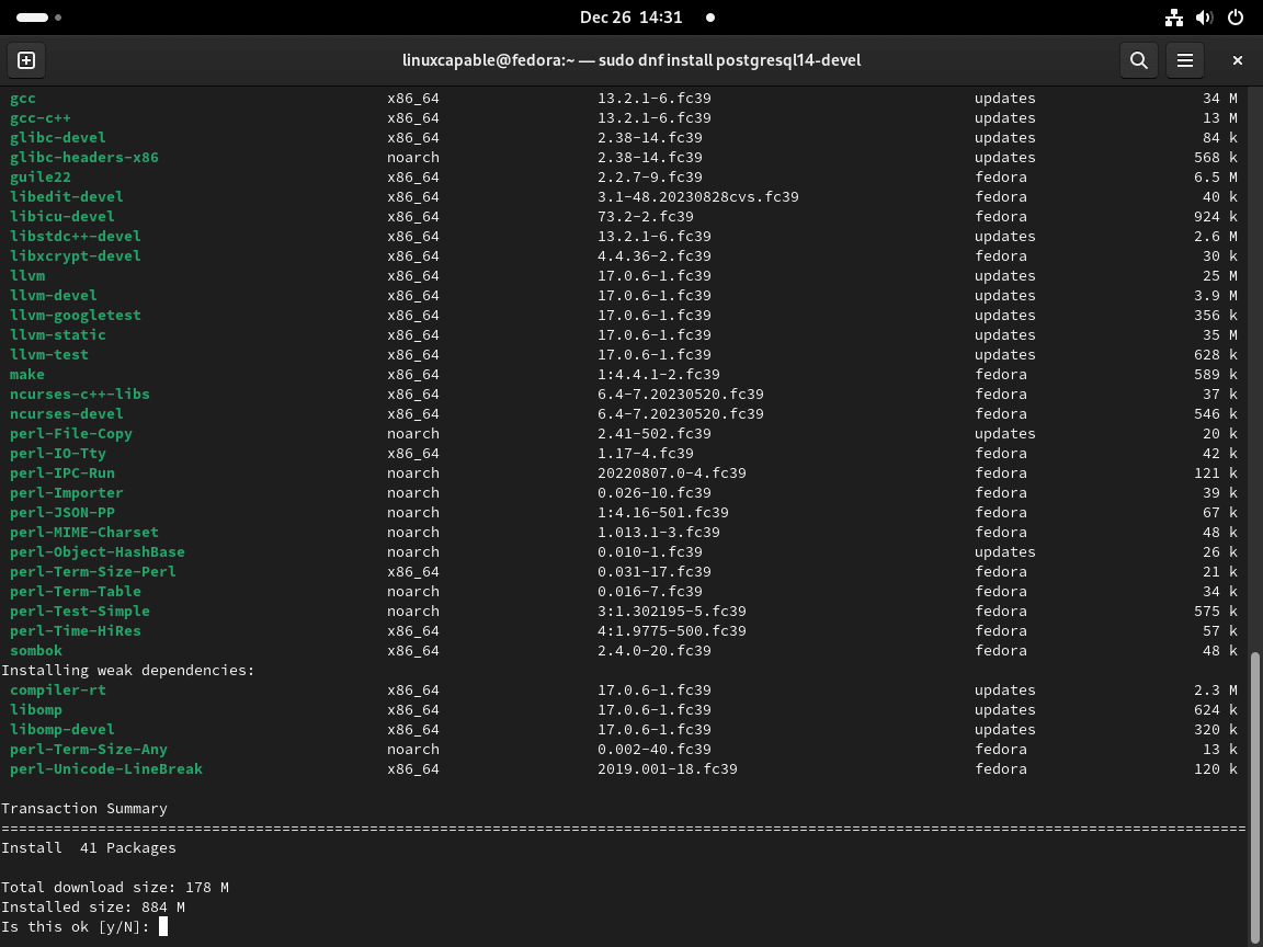 PostgreSQL 14 fejlesztői csomagok telepítése Fedora Linuxra