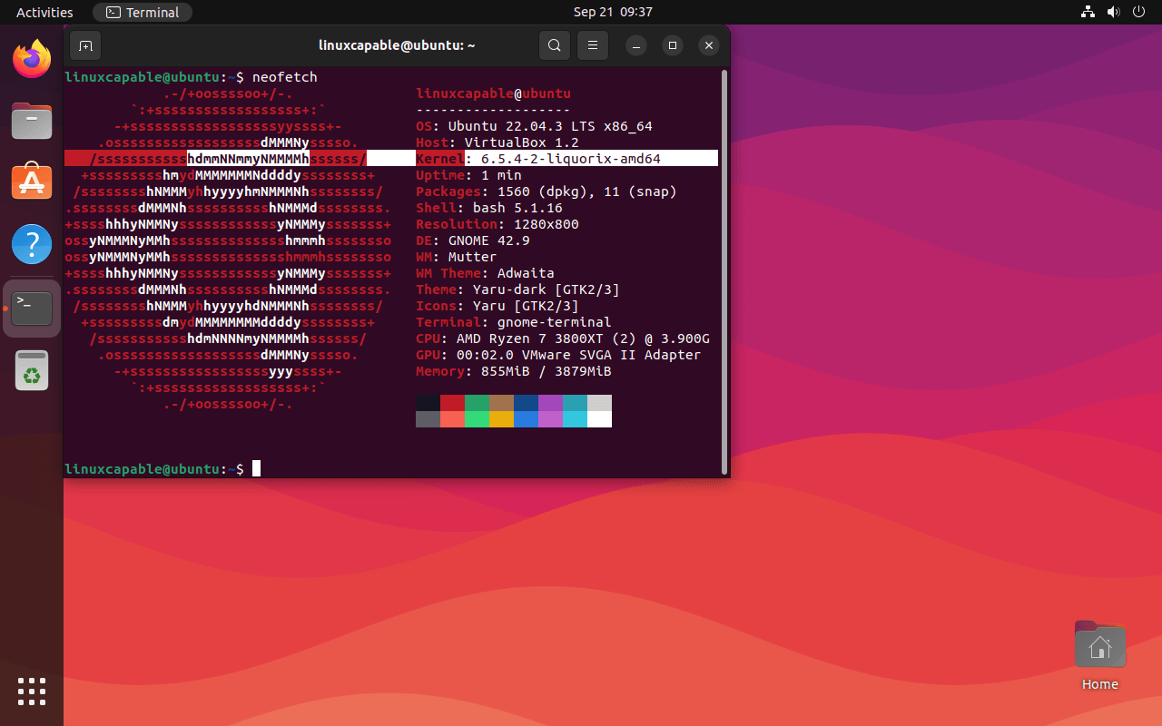 Liquorix Kernel installed on Ubuntu Linux with Neofetch output