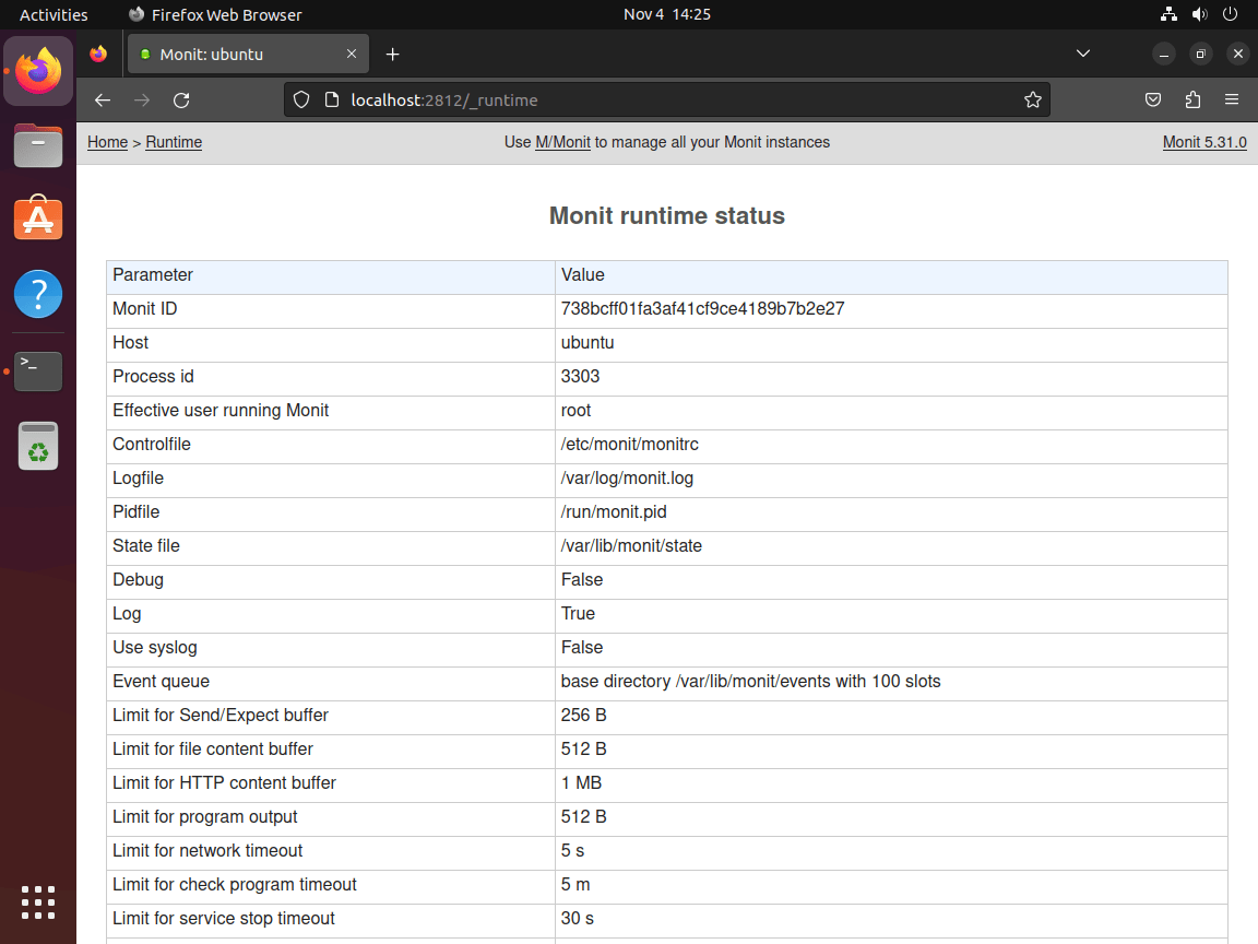 Monit runtime status and system information on Ubuntu Linux