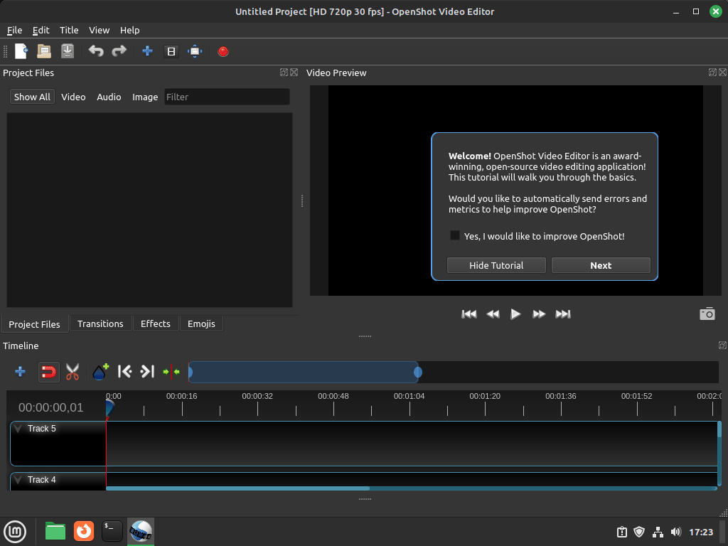 OpenShot Video Editor ouvert et prêt à être utilisé pour la première fois sur Linux Mint