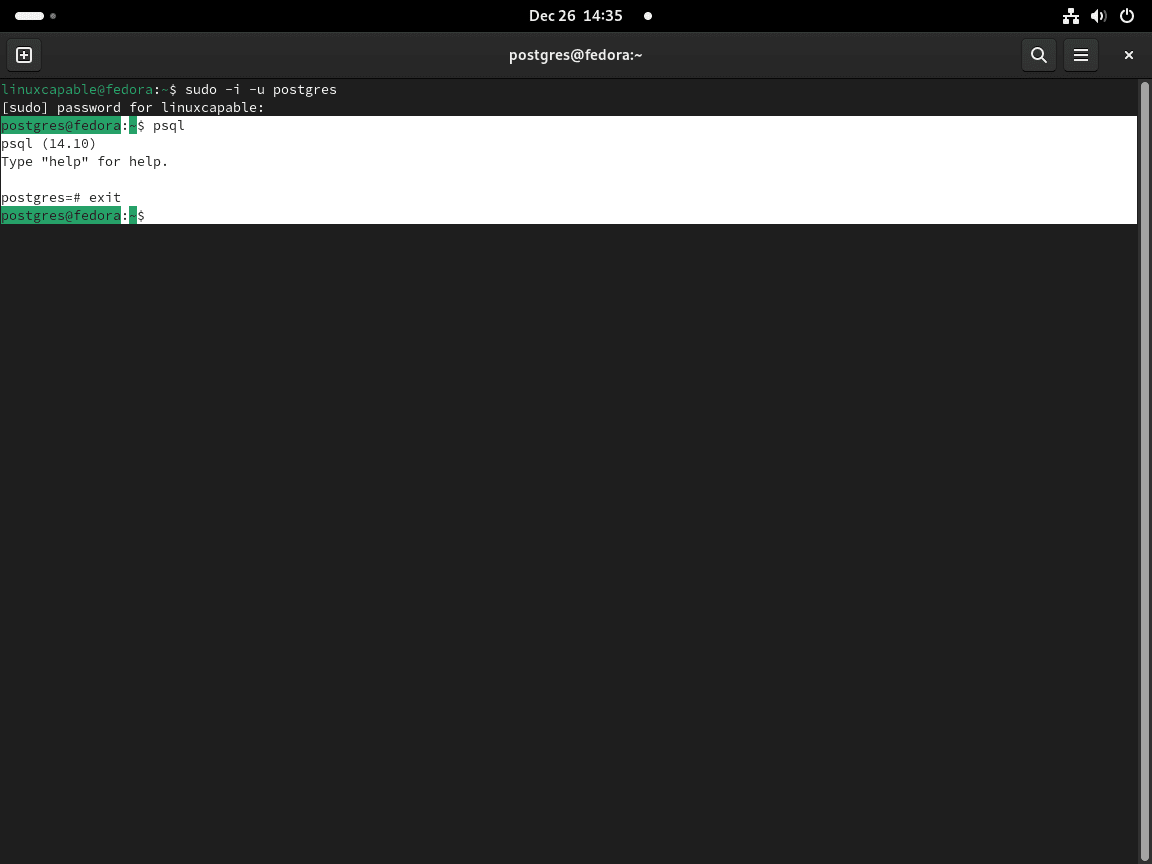 Ambiente Postgres CLI para PostgreSQL 14 no Fedora Linux