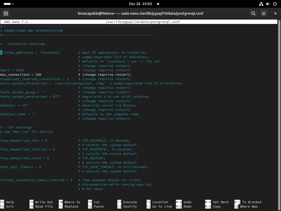 Archivo de configuración PostgreSQL 14 para conexiones remotas en Fedora Linux