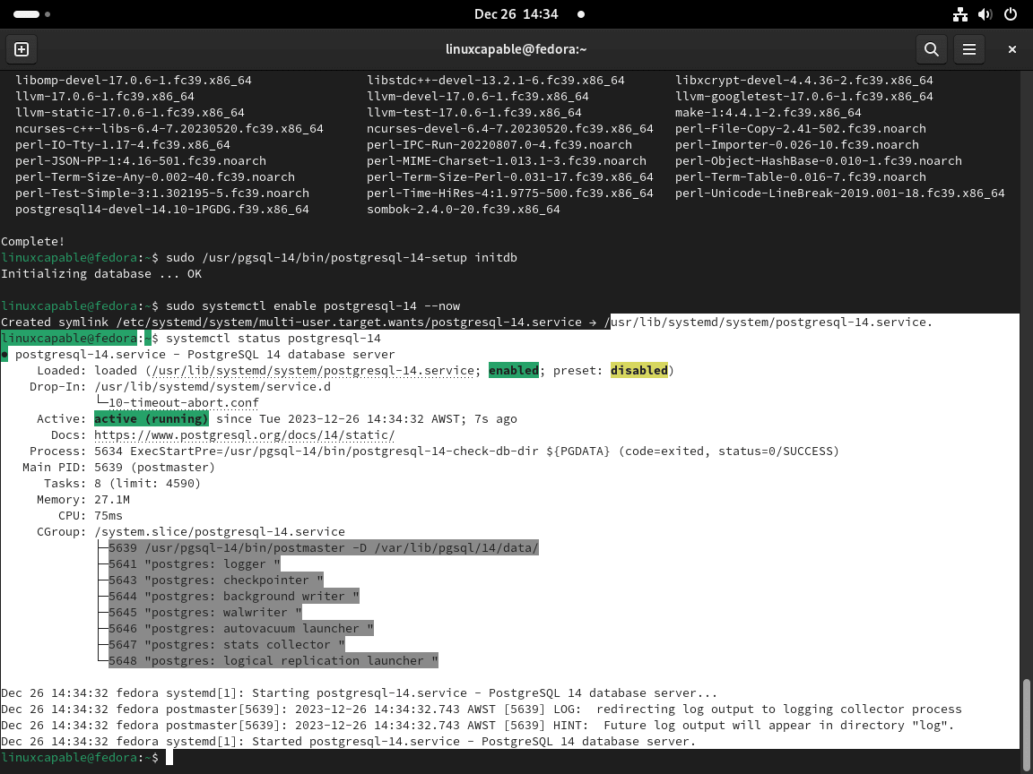 Estado del servicio PostgreSQL 14 correcto en Fedora Linux