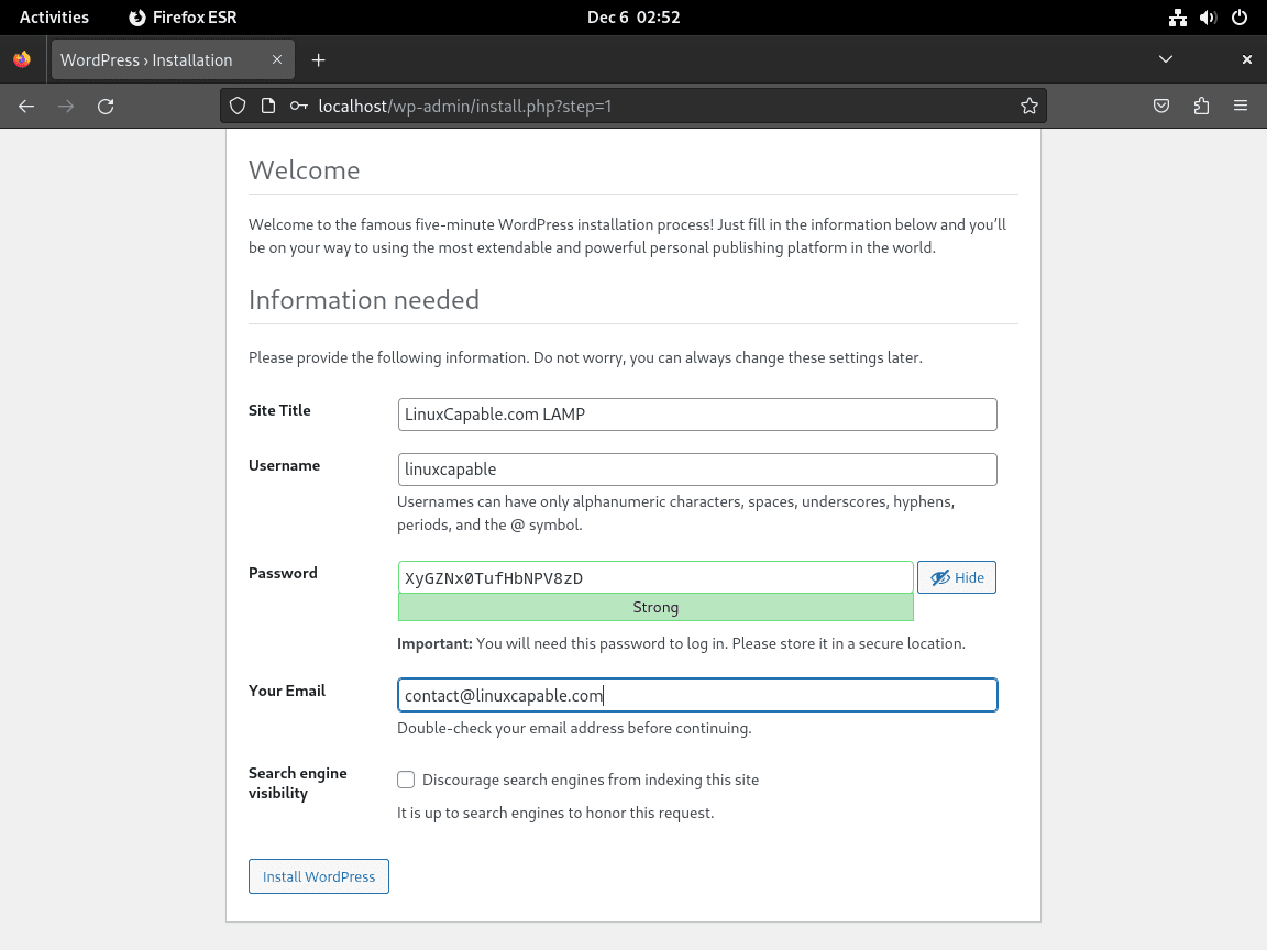 Configuration de WP Admin sur l'interface graphique WordPress à l'aide de LAMP sur Debian