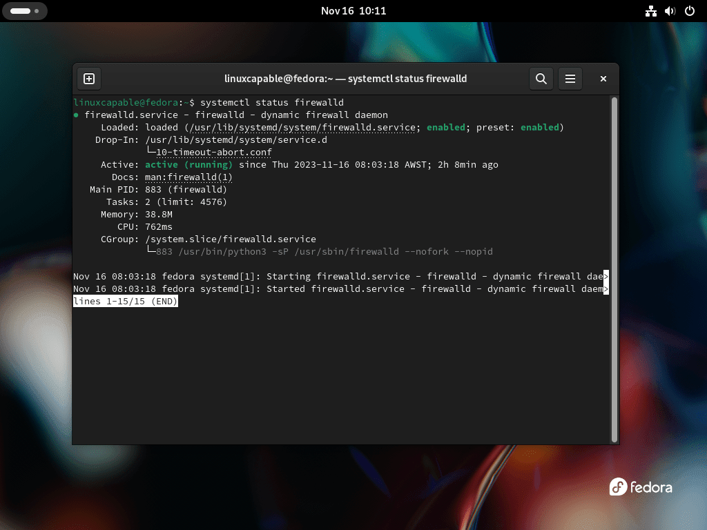 État du service Firewalld systemd OK sur Fedora Linux