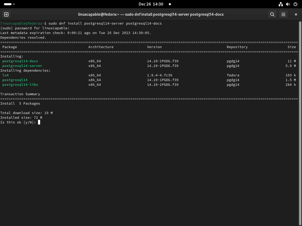 터미널을 통해 Fedora Linux에 PostgreSQL 14 설치