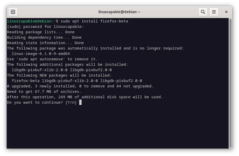 Terminal output for installing Firefox Beta on Debian Linux