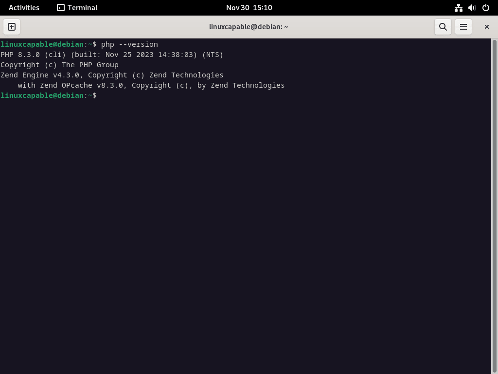 PHP 8.3 version command output on Debian Linux