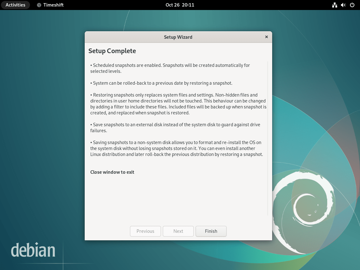 Configuração da GUI do Timeshift concluída no Debian Linux