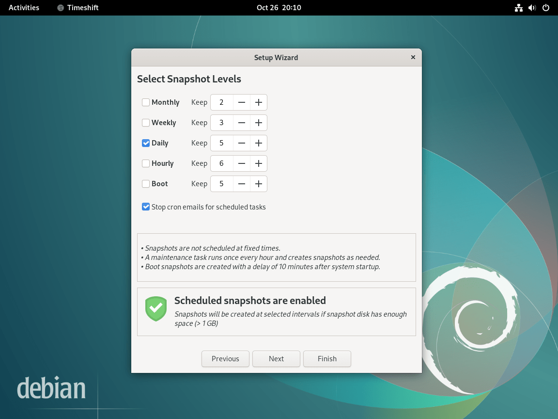 Configurando snapshots agendados no assistente de configuração do Timeshift no Debian Linux