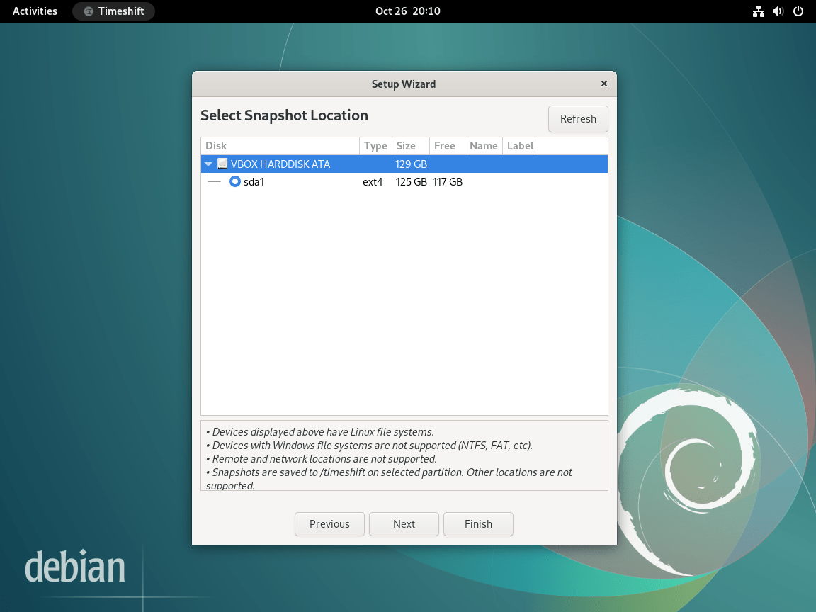 Seleccionar la ubicación en el asistente de configuración de Timeshift en Debian Linux
