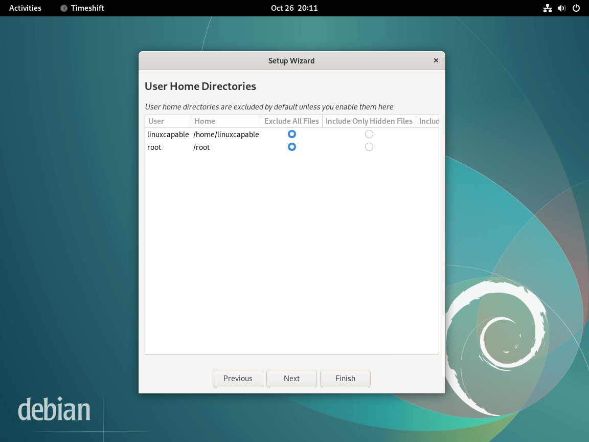 Configurando diretórios iniciais do usuário no assistente de configuração do Timeshift no Debian Linux