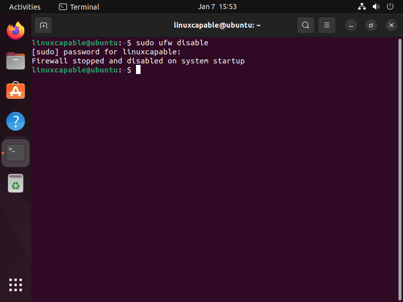 UFW disable command output on Ubuntu Linux